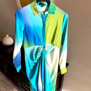 Nicole Miller Blue and Green Long Sleeve Dress